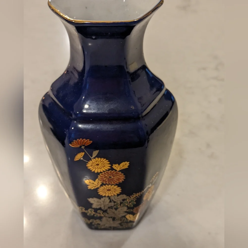 Cobalt Peacock and Flowers Oriental Vases Gold Trim Set of 2